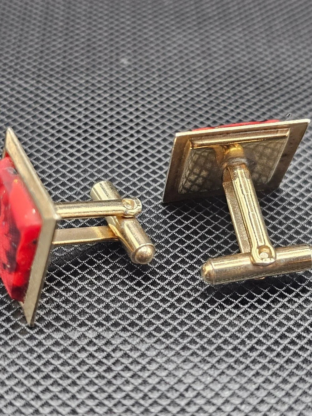Vintage Red and Gold Square Cufflinks with Floral Design